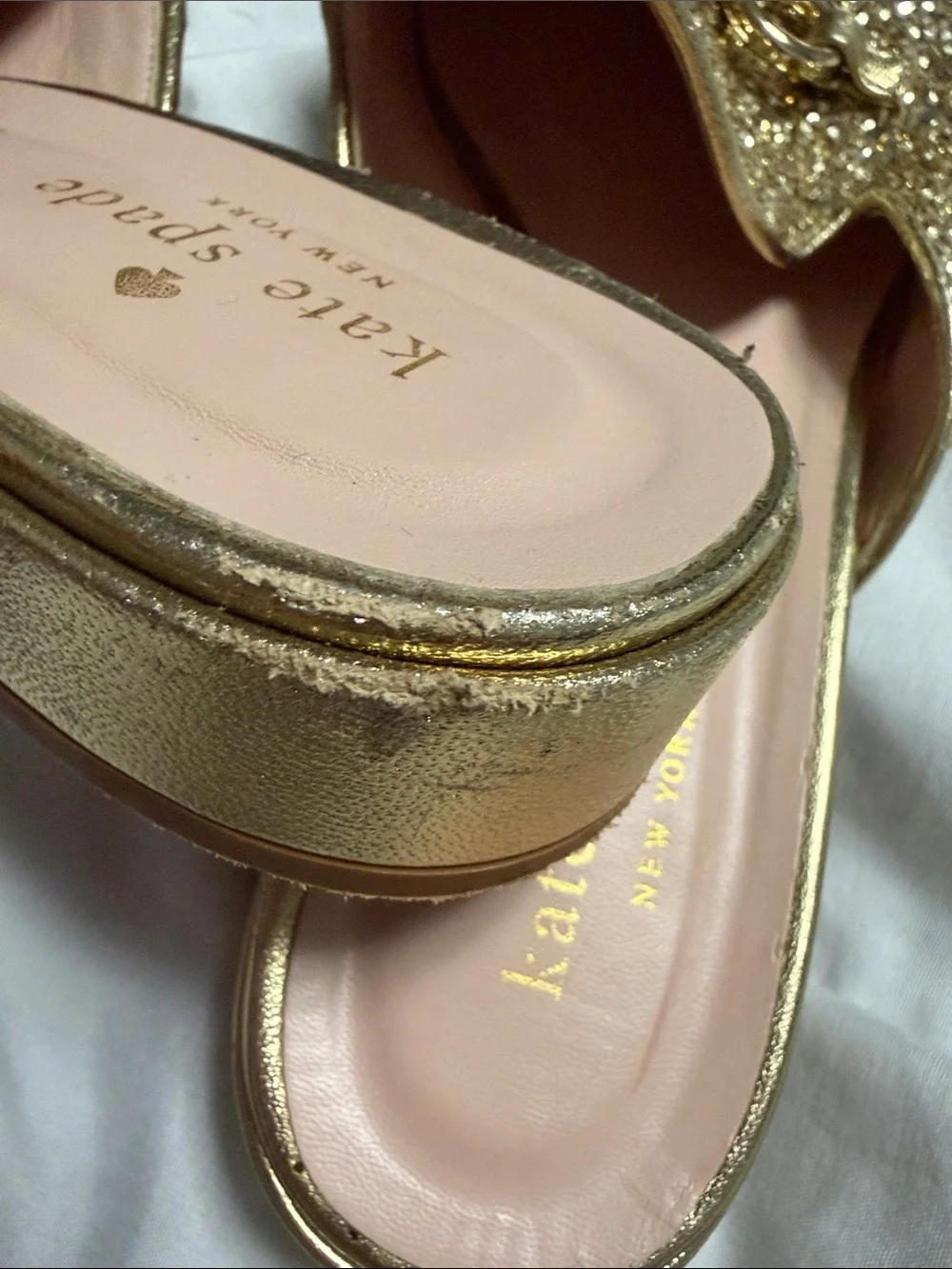 kate spade Gold Glitter Chain-Trim Mules